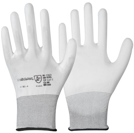 Feinstrick Handschuh mit PU-Teilbeschichtung, fusselfrei, weiß, S, Schutzklasse (EN 388) 4.1.3.1.X